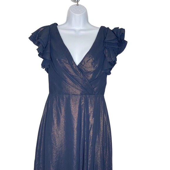 Dessy Collection Midnight Gold‎ Shimmer Flutter Sleeve Surplice V-Neck Gown Sz 4 - Picture 3 of 10